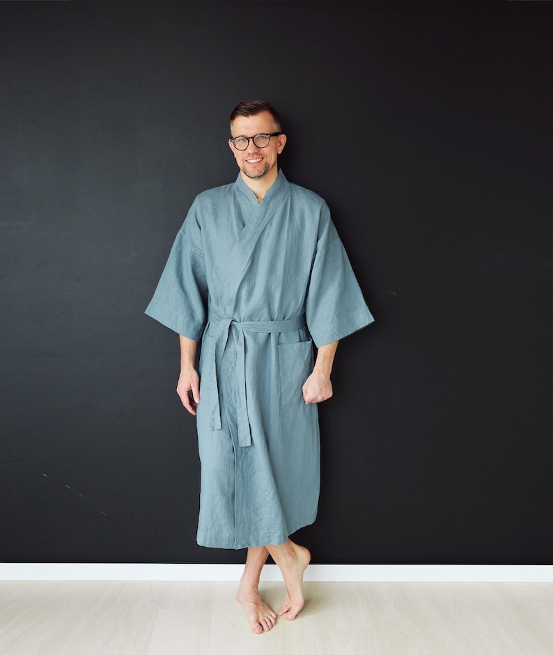 Mens linen kimono Natural laungewear Blue grey kimono men | Etsy
