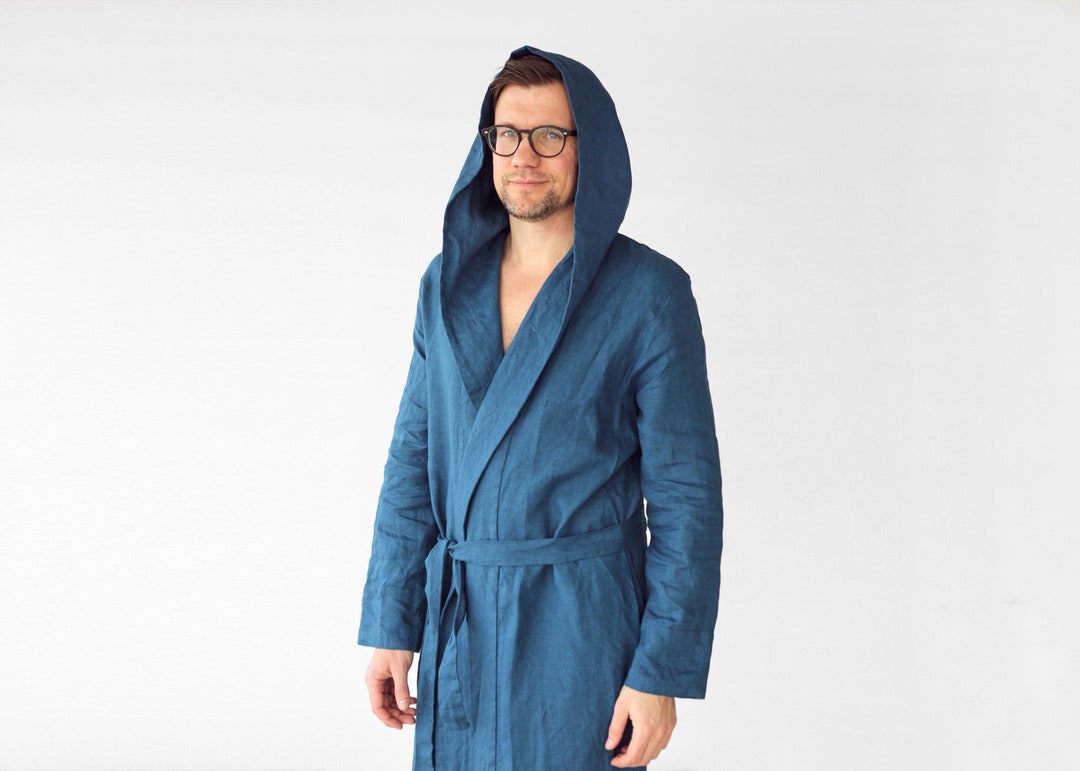 Mens Linen Bathrobe Navy Blue Hooded Robe Hoodie Bathrobe Etsy