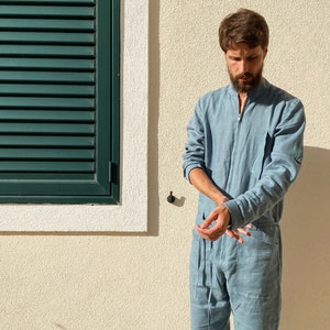 Mens linen jumpsuit, Mens overall, Mens romper, Jumpsuit for men, Blue-grey coveralls, Gift for him, Natural linen jumpsuit, Linen romper image 5