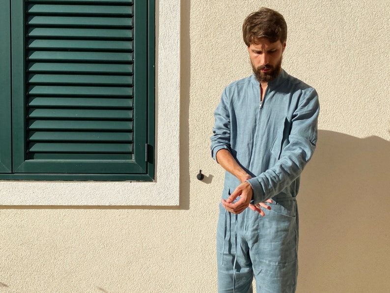 Mens linen jumpsuit, Mens overall, Mens romper, Jumpsuit for men, Blue-grey coveralls, Gift for him, Natural linen jumpsuit, Linen romper image 5