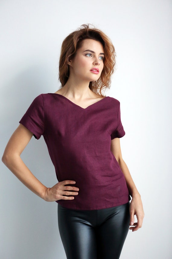 Burgundy Natural Flax Summer for Pajama, Top Flax Her, Etsy Linen Top, T-shirt, T-shirt Women Linen Color, Linen T-shirt, Blouse, Gift -