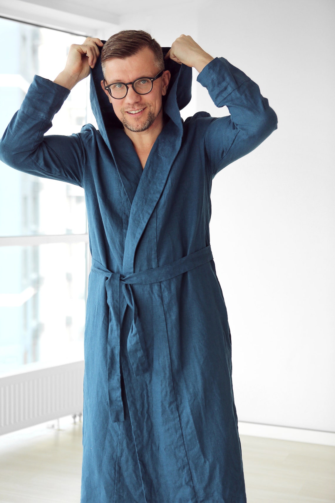 Mens Linen Bathrobe Navy Blue Hooded Robe Hoodie Bathrobe Etsy