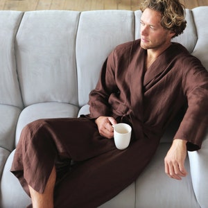 Linen robe for men, Natural loungewear, Brown dressing gown, Handmade bathrobe, Jacket for man, Mens robe Plus size, Housecoat, Gift for him