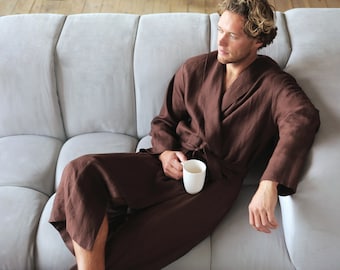 Linen robe for men, Natural loungewear, Brown dressing gown, Handmade bathrobe, Jacket for man, Mens robe Plus size, Housecoat, Gift for him