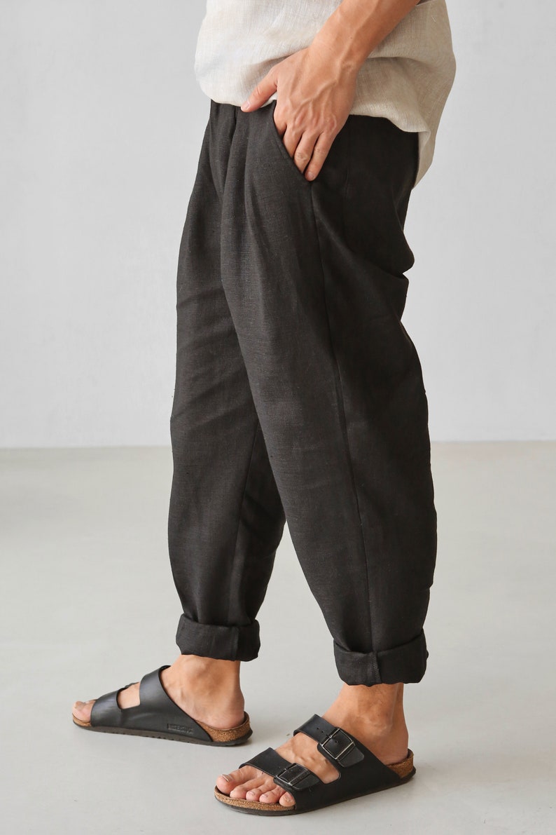 Pantalon en lin pour homme avec plis, pantalon de jogging en lin noir, pantalon pour homme, pantalon ample, pantalon ample image 6
