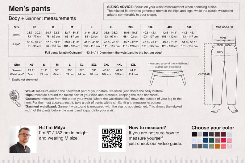 Pu&ograve; includere: Tabella delle taglie dei pantaloni da uomo, con misure di vita, fianchi e capo in cm e pollici. Include un diagramma che illustra i punti di misurazione e una guida alla selezione dei colori.
