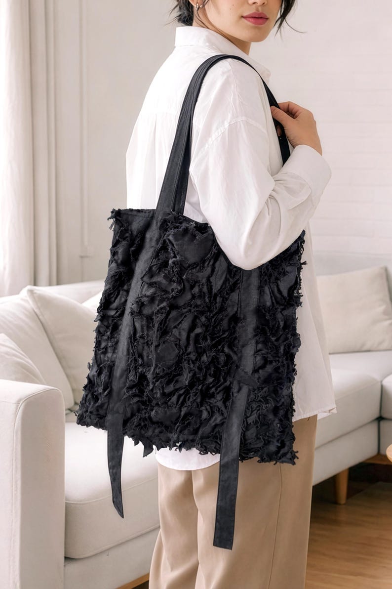 Sac fourre-tout en lin patchwork ENNIA (Noir) | Sac écologique image 1