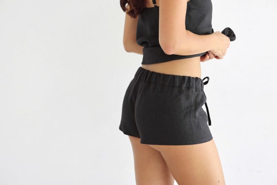 Linen Shorts Women, Flax Shorts, Pajama Shorts, Gift for Her, Black Sexy  Shorts, Mini Shorts Linen Set, Loungewear 