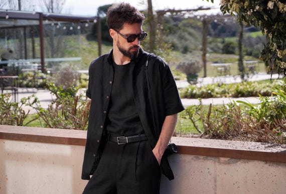 black dress shirt black pants Mens Linen Short Sleeve, Shirt for Men, Shirt, Gift for Him Linen pencil dress Mary