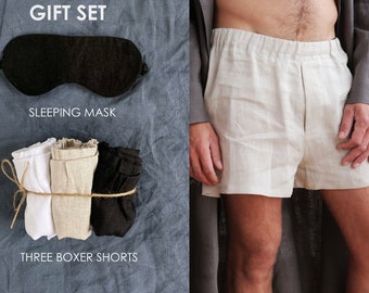 Gift SET of Mens linen underwear, Boxer shorts, Summer shorts, Boxer for men, Sleeping mask, Sleep shorts, Basic shorts