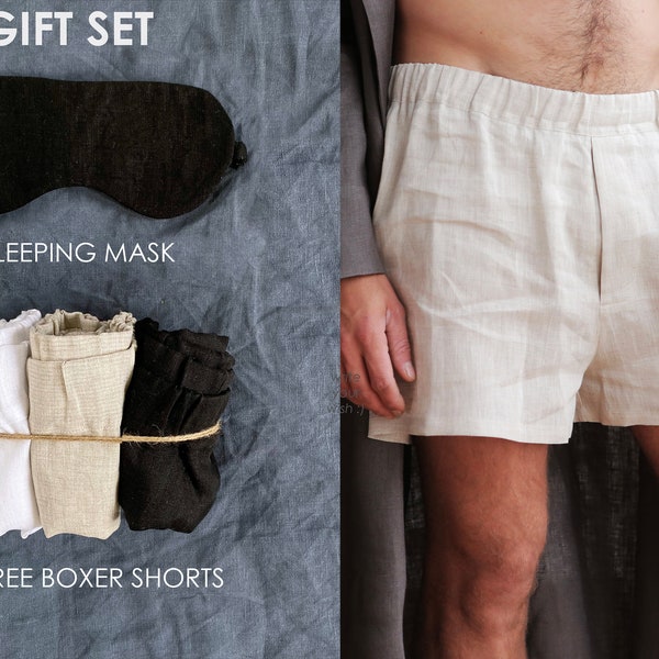 Gift SET of Mens linen underwear, Boxer shorts, Summer shorts, Boxer for men, Sleeping mask, Sleep shorts, Basic shorts