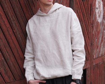 Mens linen hoodie, Oversize beige hoodie with tie on bottom
