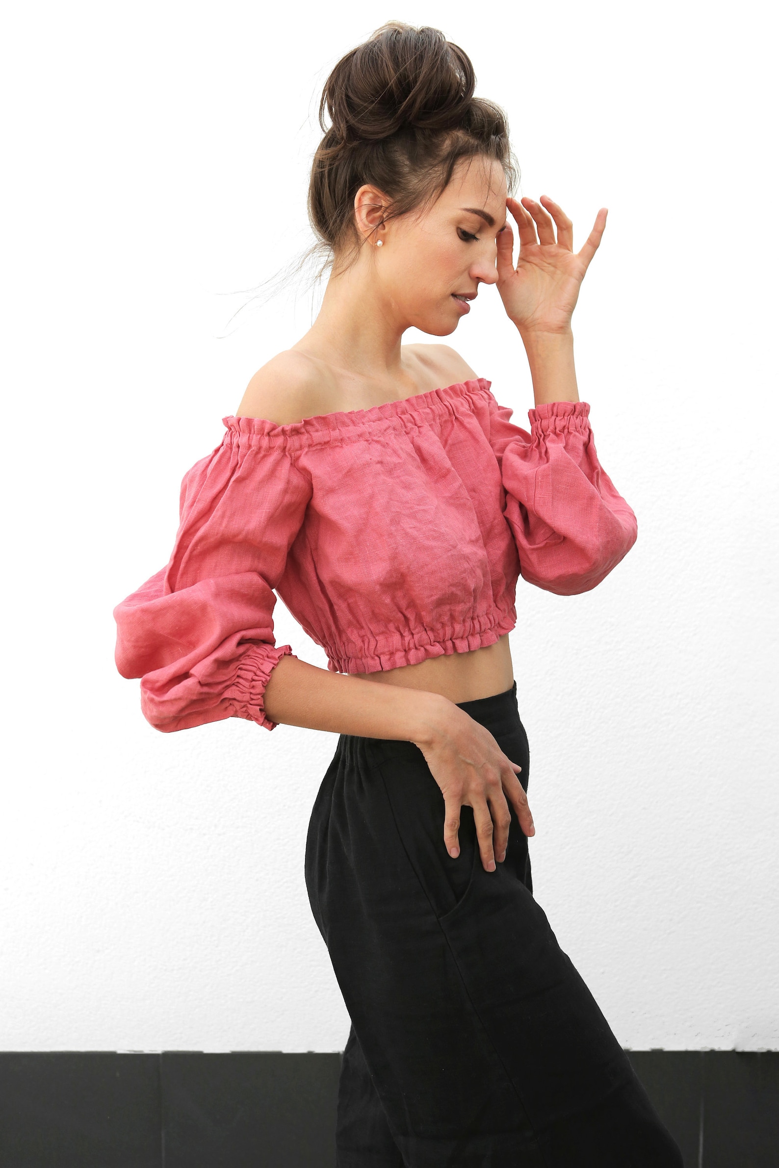 Peach Linen Off Shoulder Cropped Corset Top