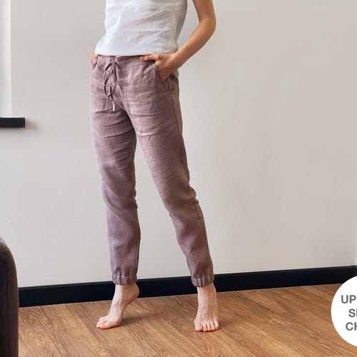 Natural Linen Jogger Pants NARA in Latte | Summer Pants Elastic Cuffs, Drawstring Waist