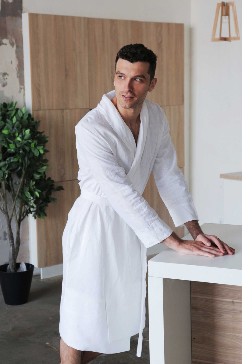 White Linen bathrobe Men's natural laungewear Natural Etsy