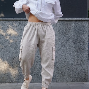 Pantaloni cargo in lino da uomo con tasche laterali, pantaloni estivi, pantaloni lounge beige, pantaloni da lavoro, regalo per lui, pantaloni da spiaggia, pantaloni da yoga immagine 3