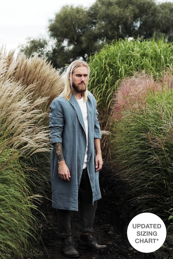 Mens Linen Bathrobe Jacket JUNIPER in Blue grey, Kimono Men, Handmade Cardigan, Linen Coat, Linen Loungewear, Flax Robe, Spa Robe