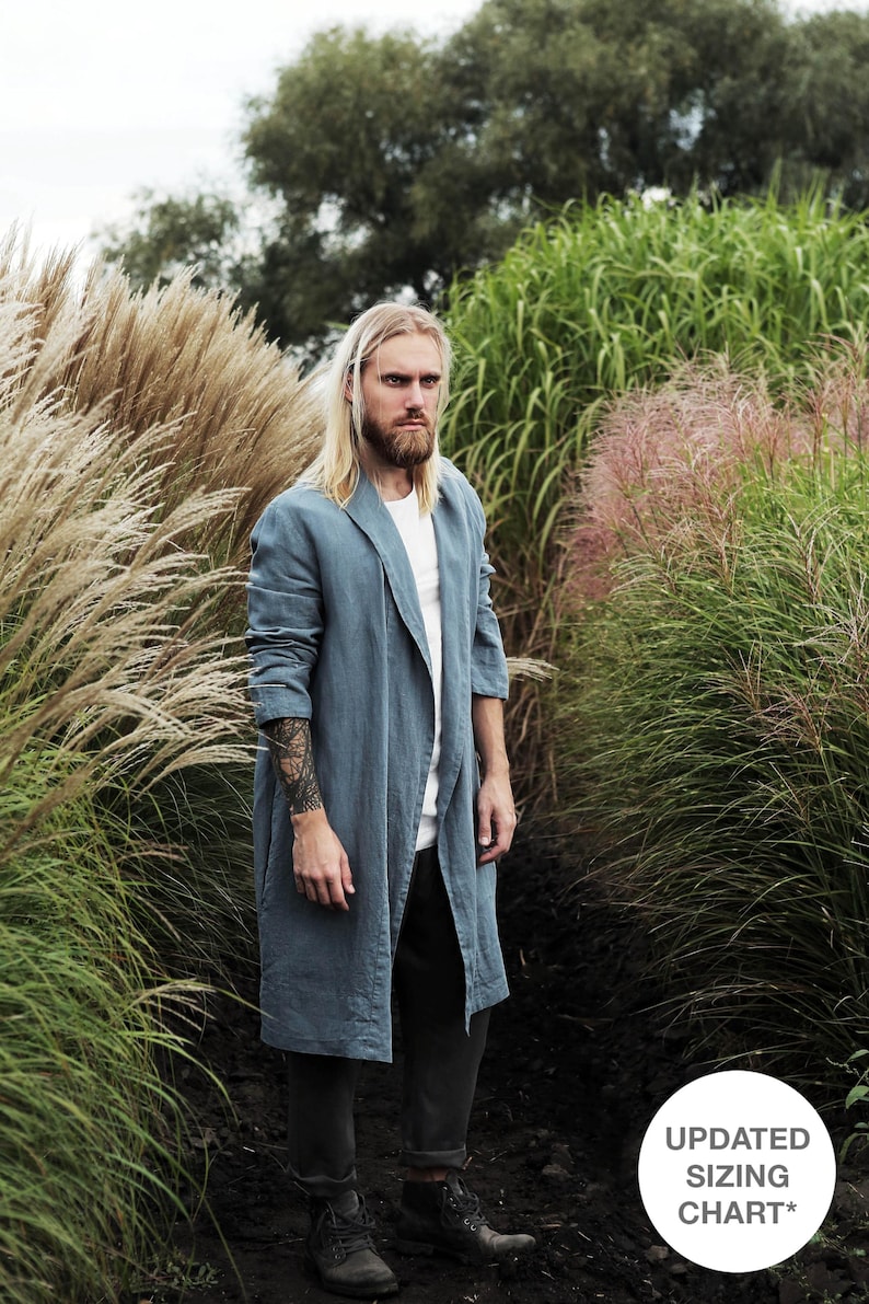Męski lniany szlafrok JUNIPER w kolorze niebiesko-szarym, kimono męskie, ręcznie robiony kardigan, lniany płaszcz, lniana odzież domowa, lniany szlafrok, szlafrok spa zdjęcie 1