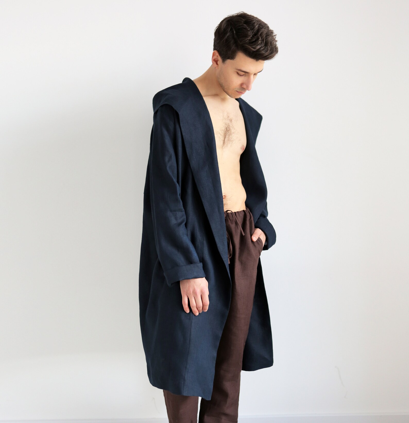 Mens linen robe with a hood Dark blue robe Summer gown Etsy