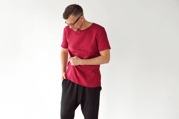 Mens linen t-shirt, Summer t-shirt, Shirt for men, Organic clothes, Stylish t-shirt, Red t-shirt, Basic t-shirt, Gift for him