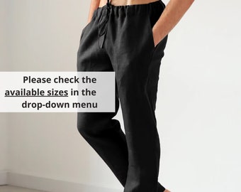 May include: Black linen pants with a drawstring waist. Please check the available sizes in the drop-down menu.