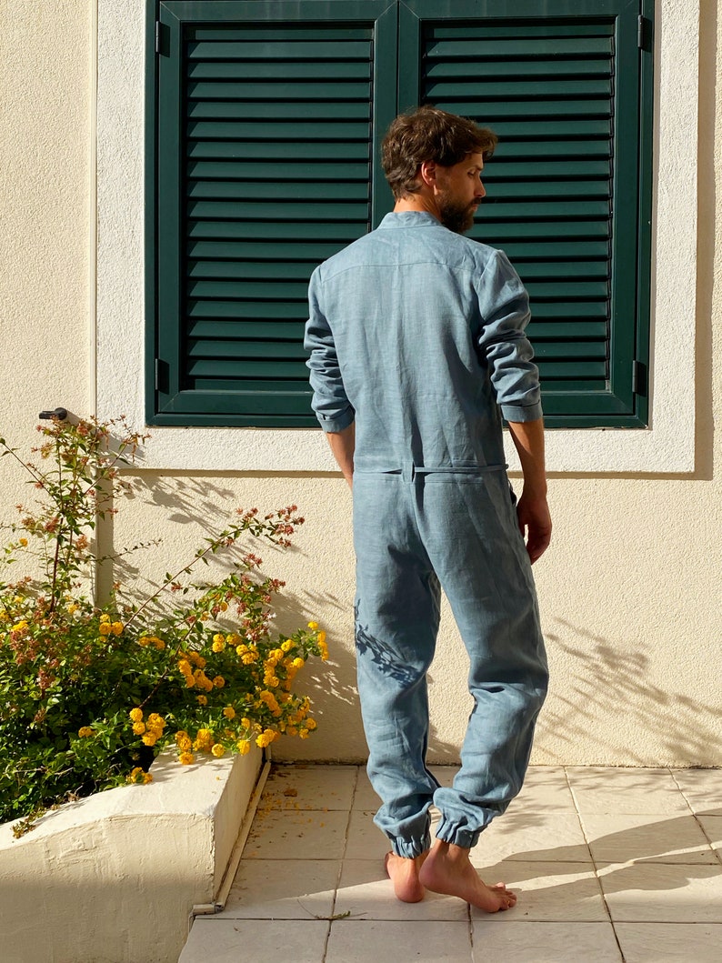 Mens linen jumpsuit, Mens overall, Mens romper, Jumpsuit for men, Blue-grey coveralls, Gift for him, Natural linen jumpsuit, Linen romper image 7