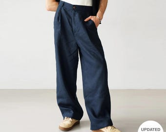 Pantalones palazzo anchos de lino para hombre con pliegues, joggers de lino azul de talle alto, pantalones de hombre, pantalones de corte holgado, pantalones anchos