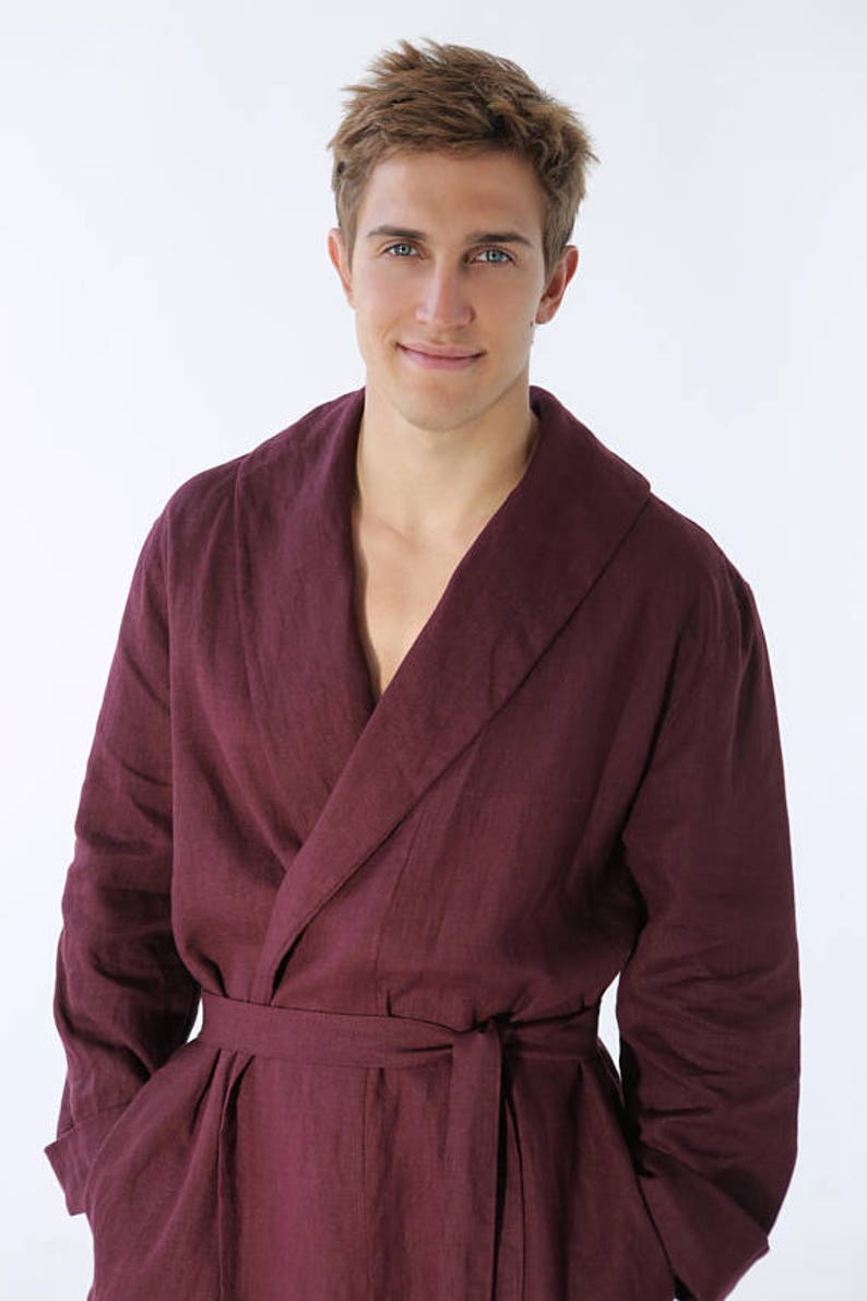 Linen bathrobe Mens linen bathrobe Burgundy spa robe Etsy