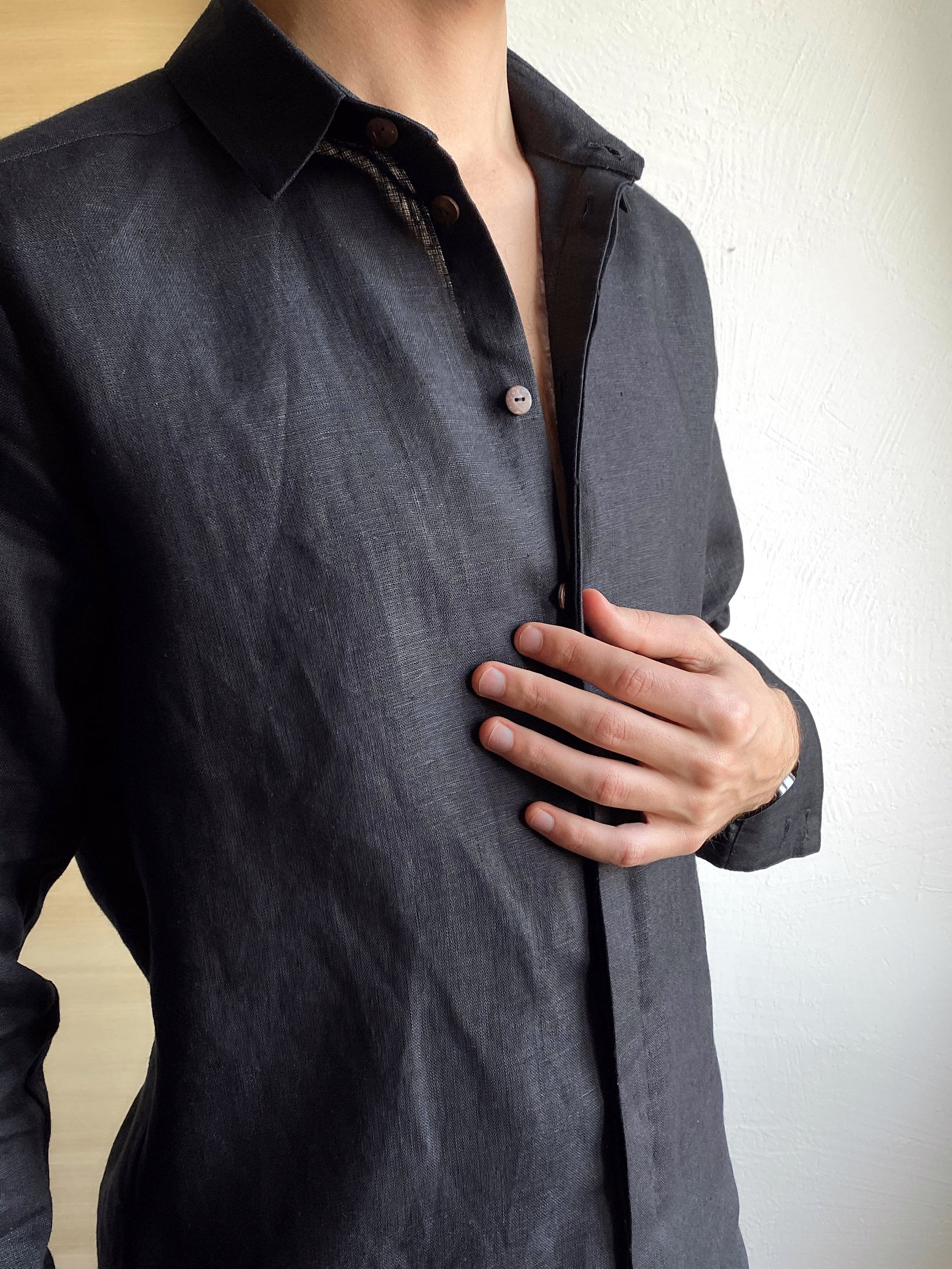 chinese dress ladies Black Linen Shirt For Men | Italian Linen main image 1