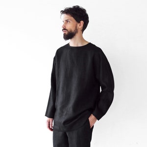 Mens linen oversize sweatshirt, Black sweatshirt, Shirt for men, Mans relax shirt, Black shirt, Beach linen shirt, Linen loungewear zdjęcie 2