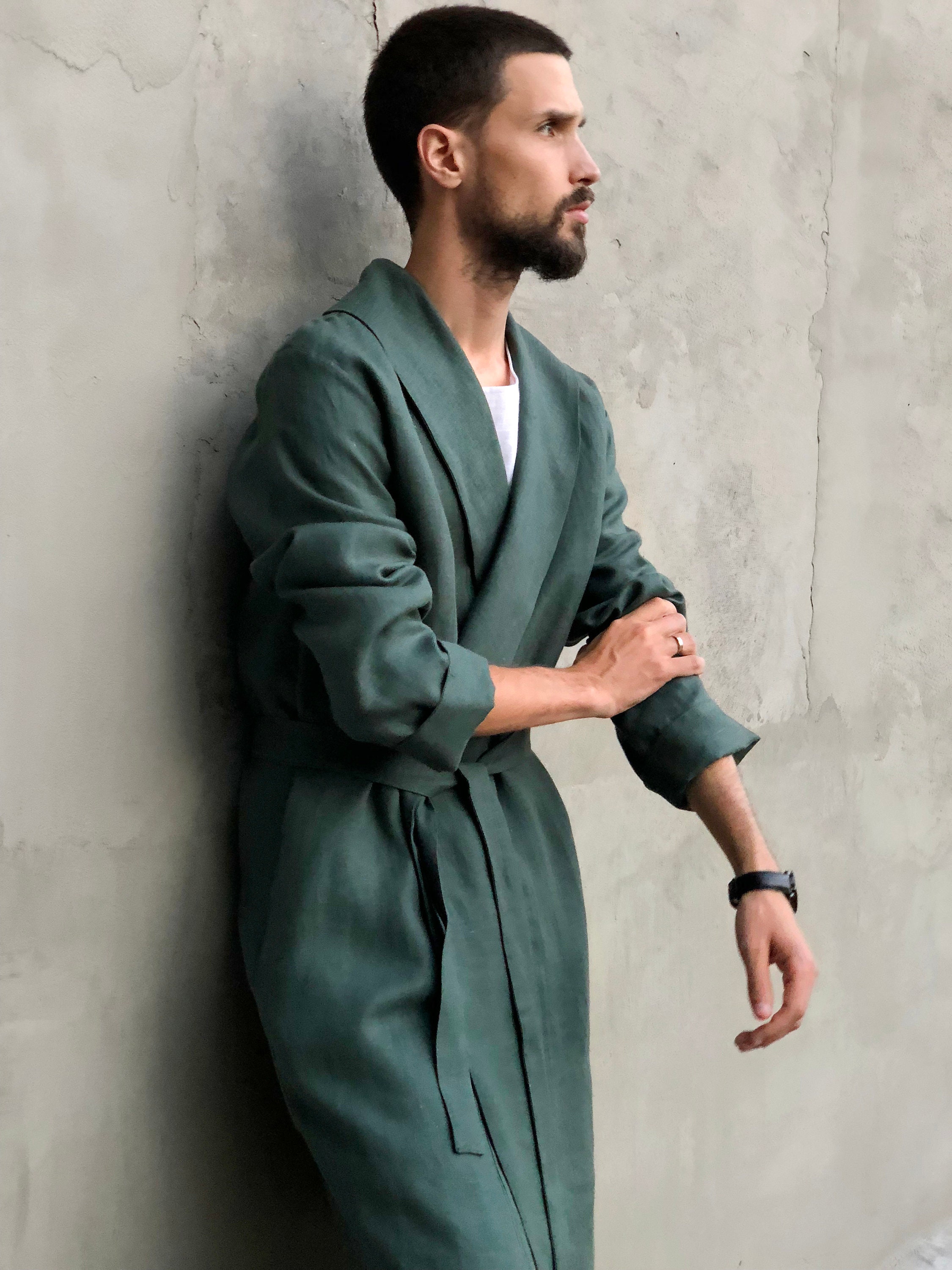 Linen Robe for Men Natural Loungewear Green Dressing Gown 