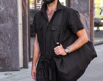 Mens linen jumpsuit, Mens overall, Mens romper, Jumpsuit for men, Black coveralls, Gift for him, Natural linen jumpsuit, Linen romper