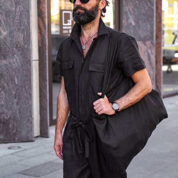 Mens linen jumpsuit, Mens overall, Mens romper, Jumpsuit for men, Black coveralls, Gift for him, Natural linen jumpsuit, Linen romper
