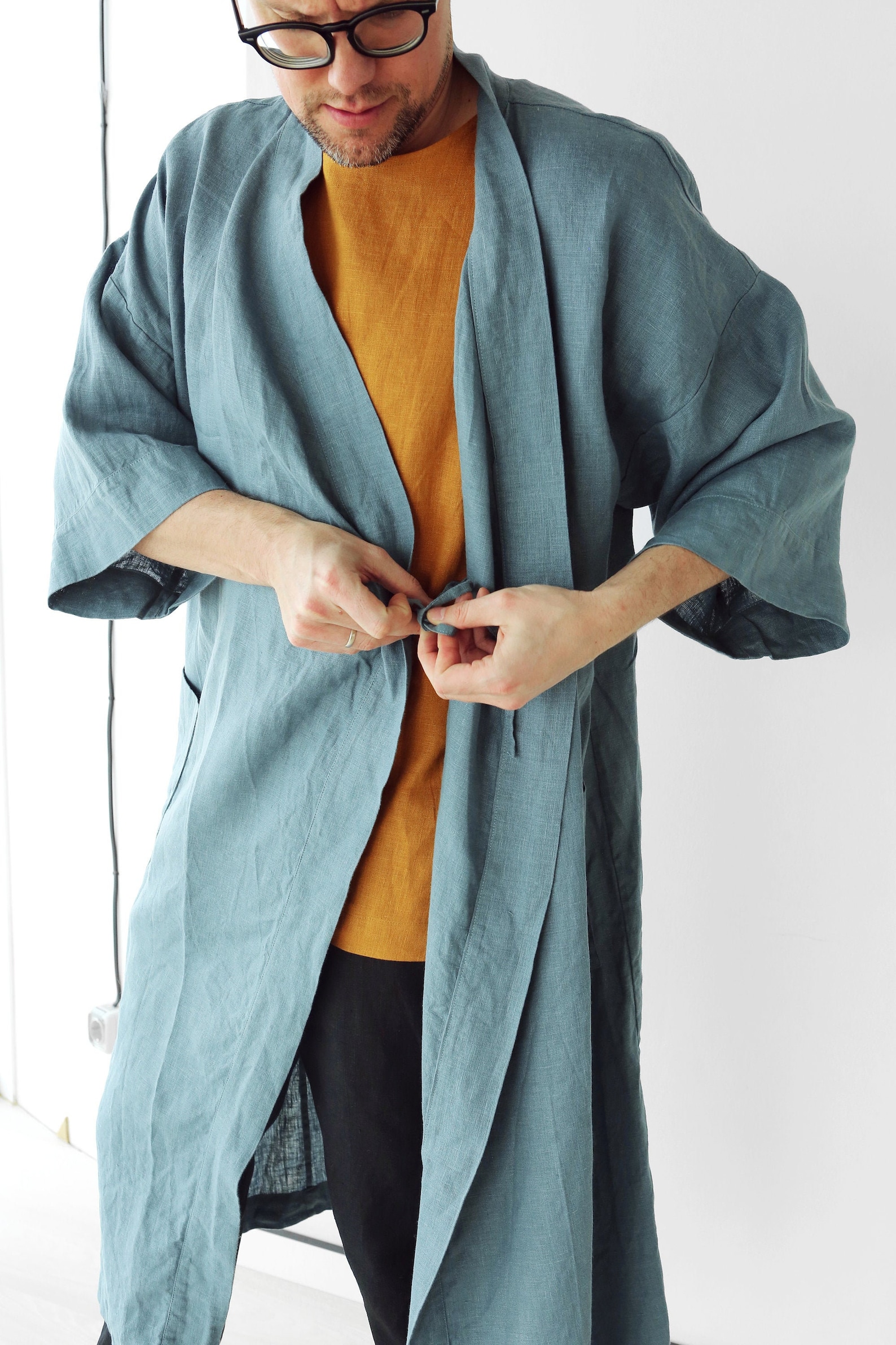 Mens linen kimono Natural laungewear Blue grey kimono men Etsy