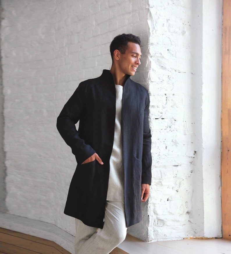 Trench coat men, Linen jacket for man, Stylish linen apparel, Linen black cardigan, Wedding jacket, Gift for him, Lux gift, Linen outfit image 1