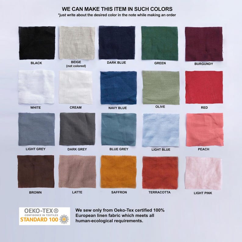 Peut inclure: Un nuancier de tissus en lin pr&eacute;sentant des &eacute;chantillons de couleurs vari&eacute;es : noir, beige, bleu fonc&eacute;, vert et bordeaux. Le nuancier comprend &eacute;galement blanc, cr&egrave;me, bleu marine, olive et rouge. D'autres couleurs sont gris clair, gris fonc&eacute;, bleu gris, bleu clair, p&ecirc;che, marron, latte, safran, terre cuite et rose clair. Le texte indique : "Nous pouvons fabriquer cet article dans ces couleurs."