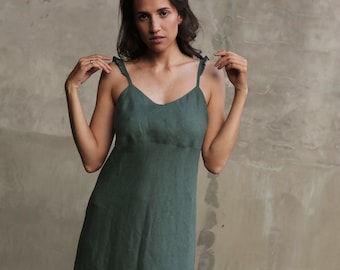 Linen maxi dress, Summer dress, Green color, Dress with wings, Beach linen dress, Basic Nightdress, Sleeveless linen dress, Organic dress
