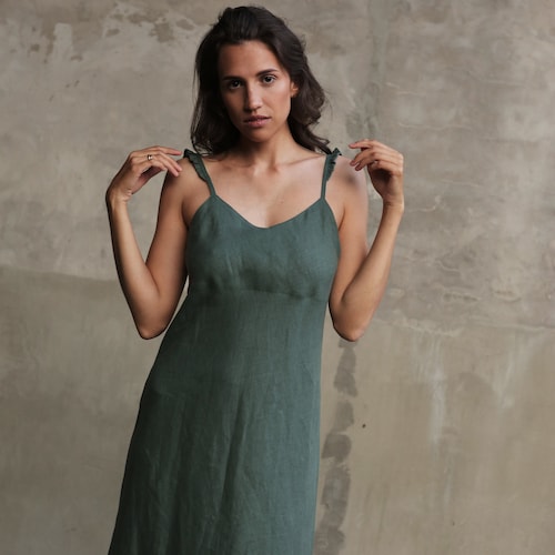 Linen maxi dress, Summer dress, Green color, Dress with wings, Beach linen dress, Basic Nightdress, Sleeveless linen dress, Organic dress