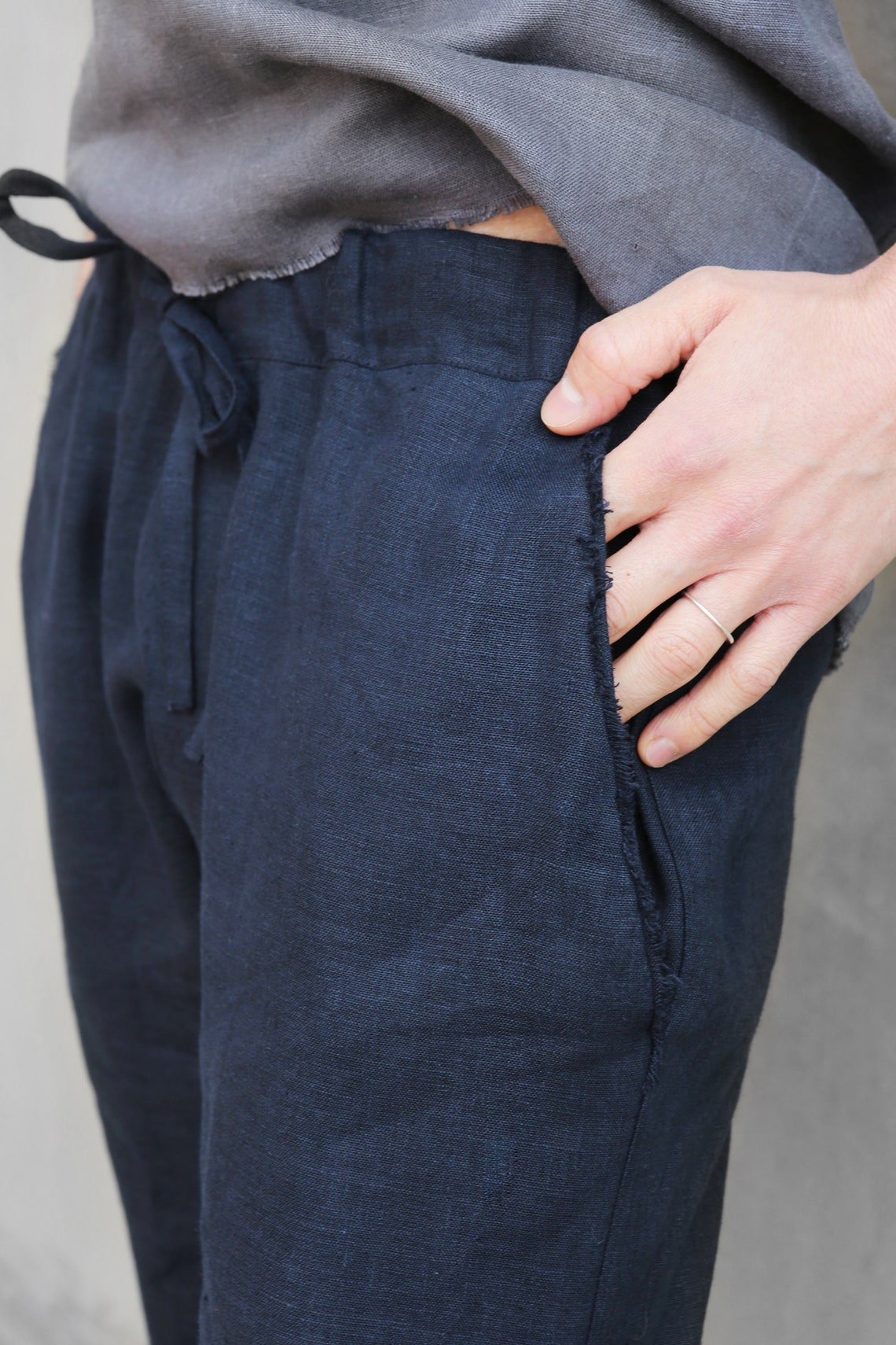 Mens Linen Baggy Pants Lounge Pants Dark Blue Baggy Pants Etsy