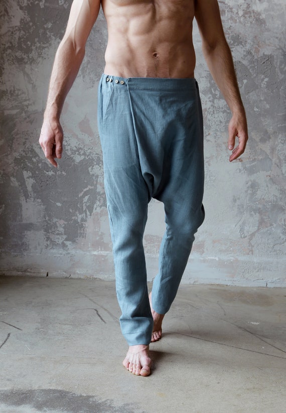 Natural Mens Linen Baggy Pants, Blue Grey Lounge Pants, Mens