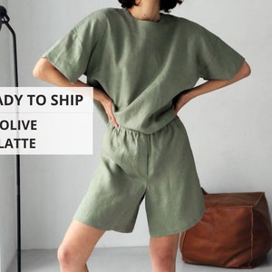 Wide linen shorts women, Flax shorts, Pajama shorts, Gift for her, Olive shorts, Long shorts linen