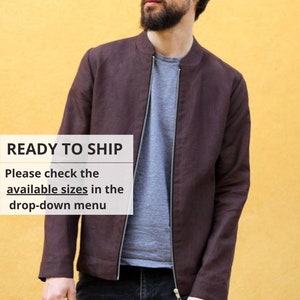 Mens linen bomber jacket, Summer cardiga, Bomber jacket, Brown bomber jacket, Band collar bomber, Gift for him, Linen jacket, Linen coat