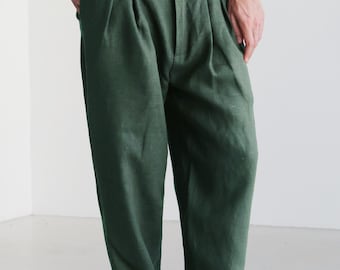 Men’s Linen Pants with Pleats CEDAR in Green | Relaxed Fit Linen Trousers Men, High-waist Summer Pants