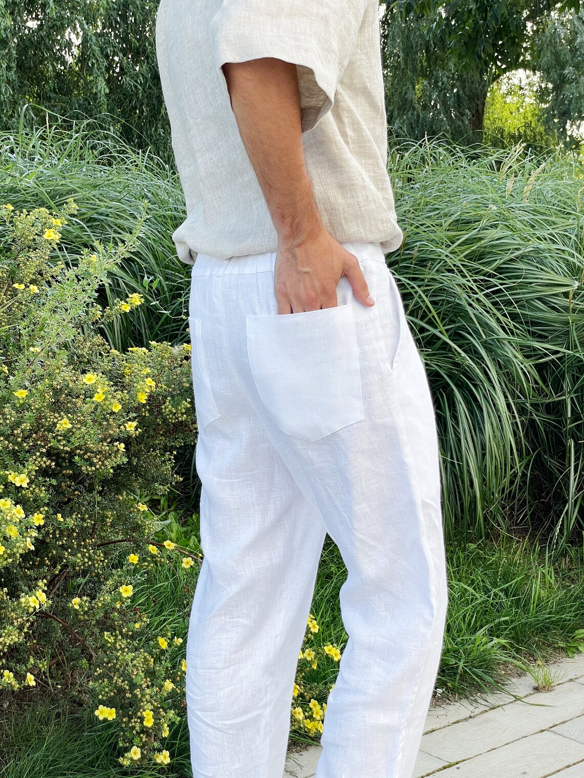 Mens Linen Pants With Pleats White Linen Joggers Mens Etsy