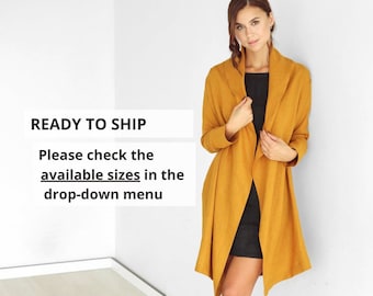 Womens mustard cardigan, Summer cardigan,  Linen gown, Linen Jacket, Basic Blazer, Linen kimono, Linen cape, Long coat, Linen dress - stock