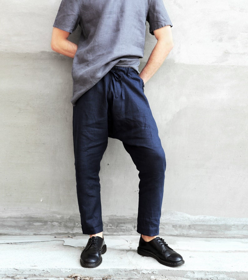 Mens linen baggy pants Lounge pants Dark blue baggy pants Etsy