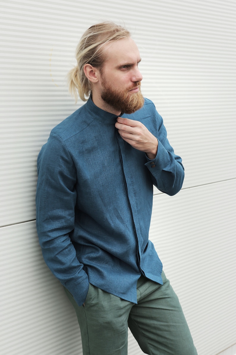 Linen Shirt For Men Summer Shirt Mens Wedding Shirt Blue Color Etsy