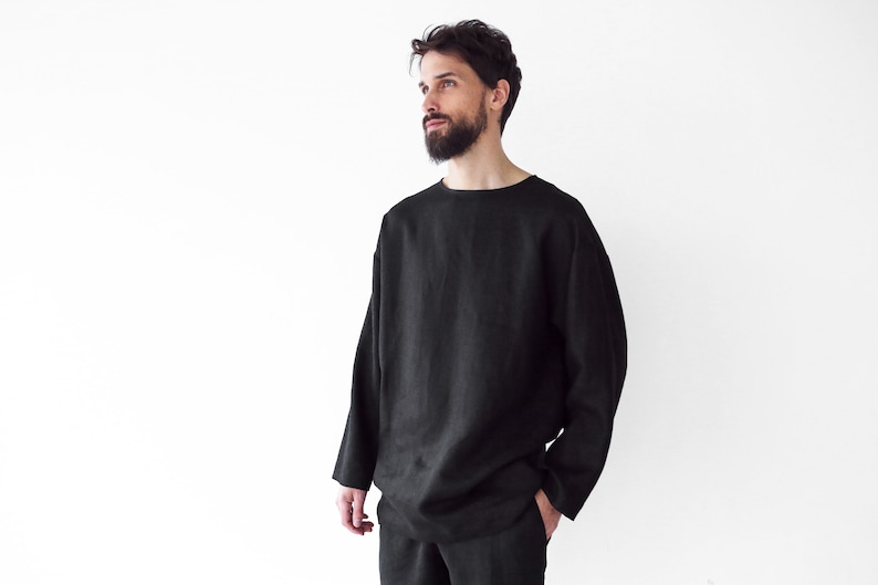 Mens linen oversize sweatshirt, Black sweatshirt, Shirt for men, Mans relax shirt, Black shirt, Beach linen shirt, Linen loungewear zdjęcie 7