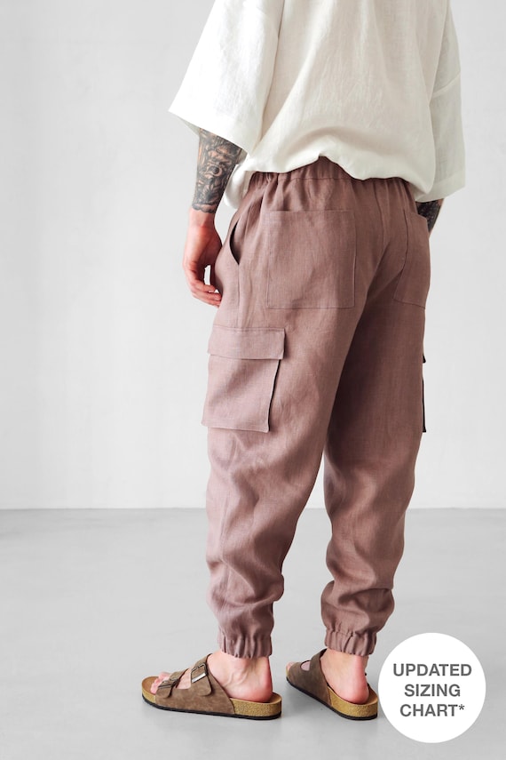 Mens Linen Cargo Pants With Side Pockets, Summer Pants, Latte