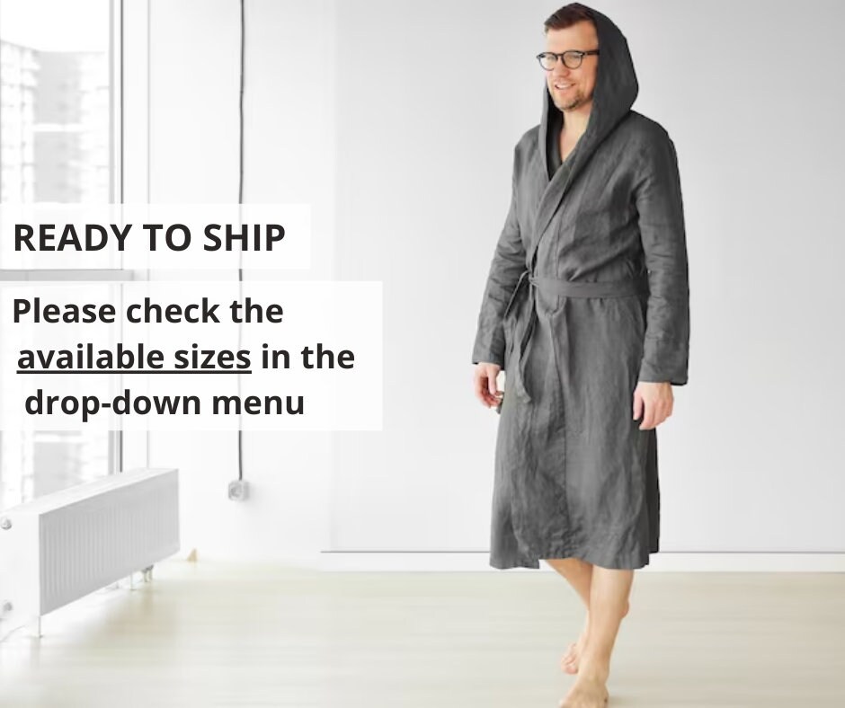 Mens Linen Bathrobe, Dark Grey Hooded Robe, Hoodie Bathrobe, Gown for Men,  Gift for Him, Natural Loungewear - in Stock - Etsy Israel